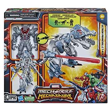 Marvel Mech Strike Mechasaurs, 4.5-Inch Ultron Primeval with T-R3X Mechasaur Action Figures, Super Hero Toys for Kids Ages 4 and Up