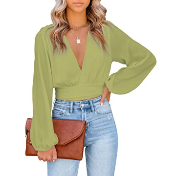 Stylish LYANER Women's Deep V Neck Crop Top Blouse Green