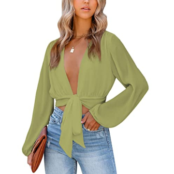 Stylish LYANER Women's Deep V Neck Crop Top Blouse Green