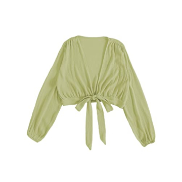 Stylish LYANER Women's Deep V Neck Crop Top Blouse Green