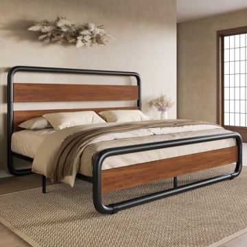 SHA CERLIN Metal Bed Frame with Wooden Headboard and Footboard