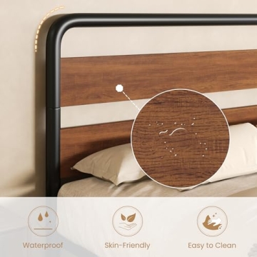 SHA CERLIN Metal Bed Frame with Wooden Headboard and Footboard