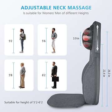 COMFIER Neck Back Massager with Heat, Height Adjustable Chair Massager Seat Cushion for Neck Shoulders, Shiatsu Massage Chair Pad for Back Support,Gifts for Dad,Mom,Gray