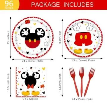96 Pieces Red Mouse Tableware Set for Princess Happy Birthday Table Decorations Dessert Plates Napki...