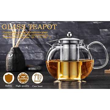 Small Teapot, Teapot with Infuser, Glass Tea Kettle Stovetop Safe, Blooming and Loose Leaf Tea Maker Set Gift for Women, 650ml/22oz