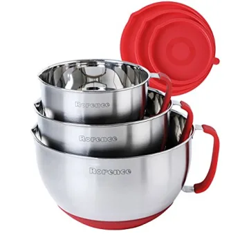 Rorence Mixing Bowls with Lids Set: Stainless Steel Mixing Bowls with Handles, Non-Slip Bottom & Pou...