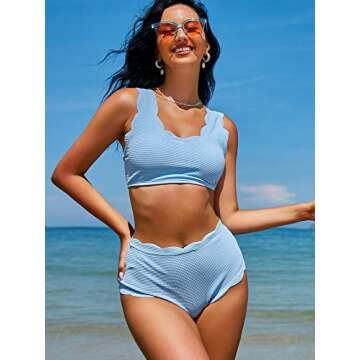 ZAFUL Women's Scalloped Textured Swimwear High Waisted Wide Strap Adjustable Back Lace-up Bikini Set Swimsuit Day Sky Blue M