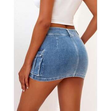 ELLEVEN Mini Cargo Skirts for Women High Stretchy, Low Waist Y2k Skirt Button Cute Denim Bodycon Jea...