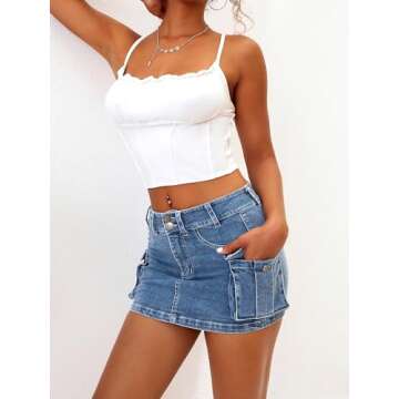 ELLEVEN Mini Cargo Skirts for Women High Stretchy, Low Waist Y2k Skirt Button Cute Denim Bodycon Jean Skirt with Pocket Denim Blue Medium