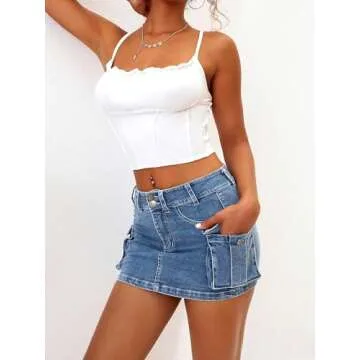 ELLEVEN Mini Cargo Skirts for Women High Stretchy, Low Waist Y2k Skirt Button Cute Denim Bodycon Jean Skirt with Pocket Denim Blue Medium