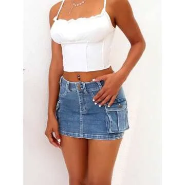 ELLEVEN Mini Cargo Skirts for Women High Stretchy, Low Waist Y2k Skirt Button Cute Denim Bodycon Jean Skirt with Pocket Denim Blue Medium