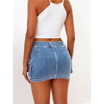 ELLEVEN Mini Cargo Skirts for Women High Stretchy, Low Waist Y2k Skirt Button Cute Denim Bodycon Jean Skirt with Pocket Denim Blue Medium
