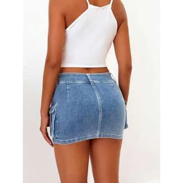 ELLEVEN Mini Cargo Skirts for Women High Stretchy, Low Waist Y2k Skirt Button Cute Denim Bodycon Jean Skirt with Pocket Denim Blue Medium