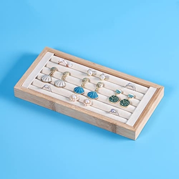 Bamboo Ring Display Holder Beige Suede Jewelry Organizer