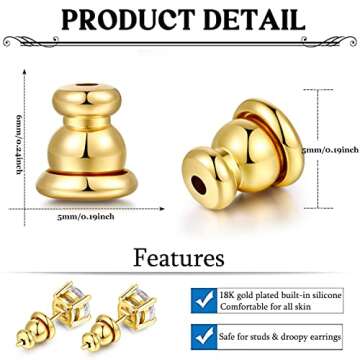 Moconar Locking Earring Backs for Studs, Hypoallergenic 18k Gold Bullet Earring Backs Replacements f...