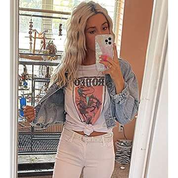 Anbech Western T Shirts for Women Rodeo Graphic Outfit Tees Short Sleeve Cowgirls Tops (M, White)