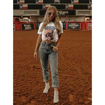 Anbech Western T Shirts for Women Rodeo Graphic Outfit Tees Short Sleeve Cowgirls Tops (M, White)