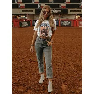 Anbech Western T Shirts for Women Rodeo Graphic Outfit Tees Short Sleeve Cowgirls Tops (M, White)