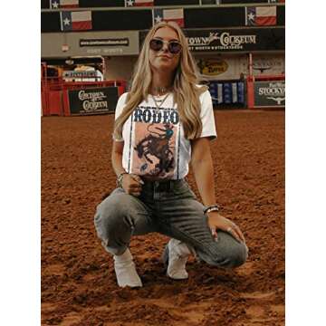 Anbech Western T Shirts for Women Rodeo Graphic Outfit Tees Short Sleeve Cowgirls Tops (M, White)