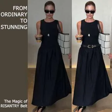 RISANTRY Women's Black Belts with Gold Buckle Elegant Leather Waist Belt Ladies Belts for Jeans Dress & Casual Wear