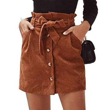 Susupeng Women Paperbag High Waist Elastic Belted Corduroy Skirt