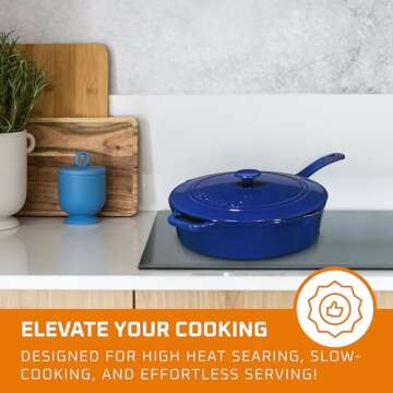 Enameled Cast Iron Skillet Deep Sauté Pan with Lid, 12 Inch, Duke Blue