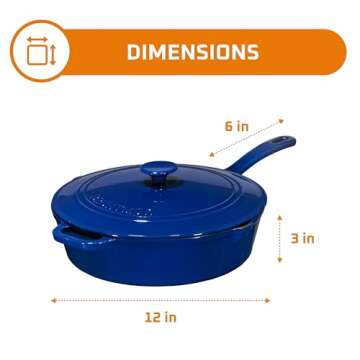 Enameled Cast Iron Skillet Deep Sauté Pan with Lid, 12 Inch, Duke Blue
