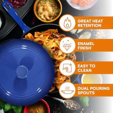 Enameled Cast Iron Skillet Deep Sauté Pan with Lid, 12 Inch, Duke Blue