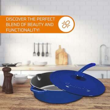 Enameled Cast Iron Skillet Deep Sauté Pan with Lid, 12 Inch, Duke Blue