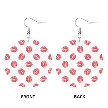 Swono Red Lips Round Faux Leather Earrings for Women Kiss Mark Lipstick Red Beauty Sexy Mouth Romantic Lovely Style Smooch Lightweight Double-Side Printed Drop Dangle Earring for Birthday Gift