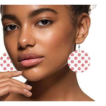Swono Red Lips Round Faux Leather Earrings for Women Kiss Mark Lipstick Red Beauty Sexy Mouth Romantic Lovely Style Smooch Lightweight Double-Side Printed Drop Dangle Earring for Birthday Gift