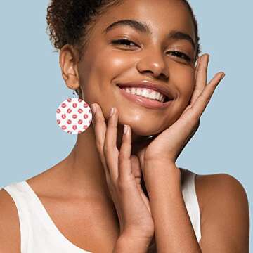 Swono Red Lips Round Faux Leather Earrings for Women Kiss Mark Lipstick Red Beauty Sexy Mouth Romantic Lovely Style Smooch Lightweight Double-Side Printed Drop Dangle Earring for Birthday Gift