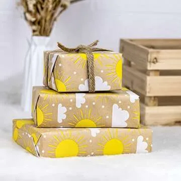 RUSPEPA Kraft Wrapping Paper Roll - Mini Roll - Sun and Cloud Design Great for Birthday, Party, Baby Shower - 17 Inches X 32.8 Feet