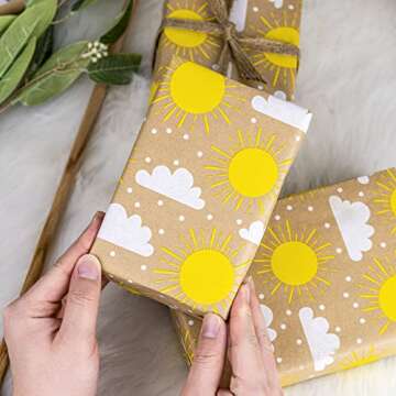 RUSPEPA Kraft Wrapping Paper Roll - Mini Roll - Sun and Cloud Design Great for Birthday, Party, Baby Shower - 17 Inches X 32.8 Feet