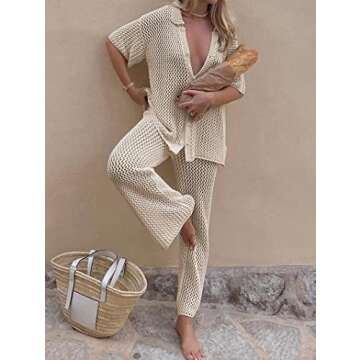 Famulily Women 2 Piece Crochet Mesh Sets Knitted Hollow Out Cover Up Cute Summer Lounge Sets for Beach Khaki XL