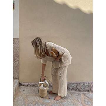 Famulily Women 2 Piece Crochet Mesh Sets Knitted Hollow Out Cover Up Cute Summer Lounge Sets for Beach Khaki XL