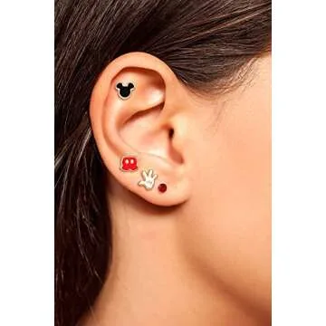 Disney Mickey Mouse Earrings 4-Pack Official License, Red Crystal and Enamel-Plated Stud Earrings