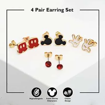 Disney Mickey Mouse Earrings 4-Pack Official License, Red Crystal and Enamel-Plated Stud Earrings
