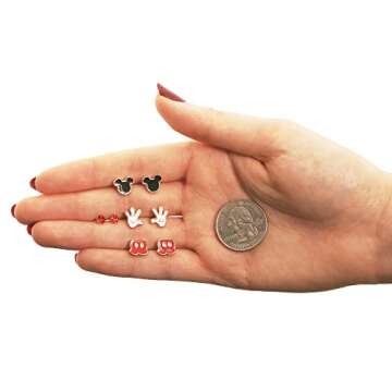Disney Mickey Mouse Earrings 4-Pack Official License, Red Crystal and Enamel-Plated Stud Earrings
