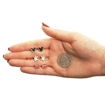 Disney Mickey Mouse Earrings 4-Pack Official License, Red Crystal and Enamel-Plated Stud Earrings