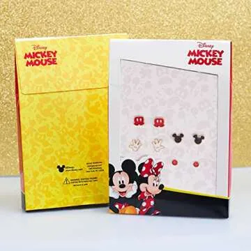 Disney Mickey Mouse Earrings 4-Pack Official License, Red Crystal and Enamel-Plated Stud Earrings