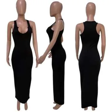 Women's Sexy Summer Casual Slit Scoop Neck Ottoman Rib Club Beach Basic Long Bodycon Maxi Tank Dress Sun Dresses Black M
