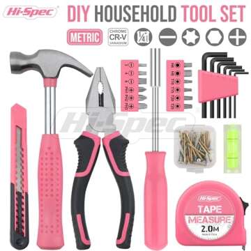Hi-Spec Tool Set 25pc Pink Household DIY Tool Kit for Women. Small Mini Tool Box Set of Starter Basi...
