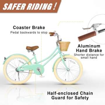 Glerc Little Molly 20 inch Kids Retro Cruiser Bike Bicycle for Girls Ages 7 8 9 10 11 12 13 Year Old with Wicker Basket & Lightweight & Kickstands & Bell for Birthday Gift Mint Green