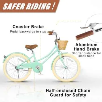 Glerc Little Molly 20 inch Kids Retro Cruiser Bike Bicycle for Girls Ages 7 8 9 10 11 12 13 Year Old with Wicker Basket & Lightweight & Kickstands & Bell for Birthday Gift Mint Green