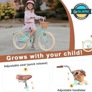 Glerc Little Molly 20 inch Kids Retro Cruiser Bike Bicycle for Girls Ages 7 8 9 10 11 12 13 Year Old with Wicker Basket & Lightweight & Kickstands & Bell for Birthday Gift Mint Green