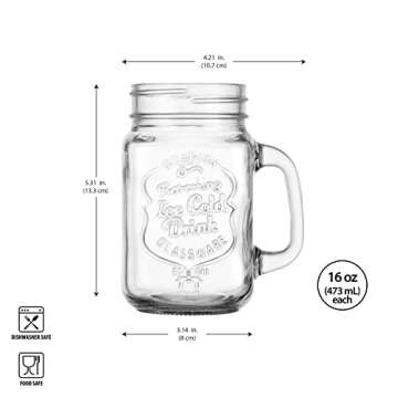 Glaver's Drinking Jars – Set of 6 Mason Jar Cups – 16 Oz Glass Mugs with Handle, Ice-Cold Drink Glassware Logo – Jars Ideal for Cold Beverages, Cocktails, Smoothies, Sodas, Juice.