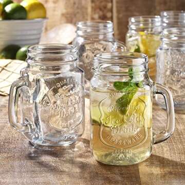 Glaver's Drinking Jars – Set of 6 Mason Jar Cups – 16 Oz Glass Mugs with Handle, Ice-Cold Drink Glassware Logo – Jars Ideal for Cold Beverages, Cocktails, Smoothies, Sodas, Juice.