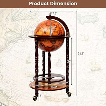 Goplus Globe Bar, 17.5” Globe Bar Liquor Cabinet with Wheels, Bottom Shelf, Old World Map, 16th Century Italian Replica Bar Globe, Retro Wine Stand, Globe Bar Cart for Dining Room Living Room Home