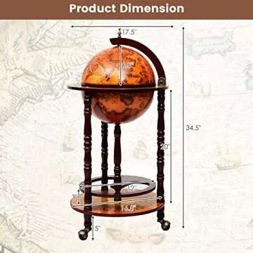 Goplus Globe Bar, 17.5” Globe Bar Liquor Cabinet with Wheels, Bottom Shelf, Old World Map, 16th Century Italian Replica Bar Globe, Retro Wine Stand, Globe Bar Cart for Dining Room Living Room Home
